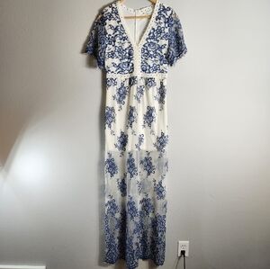 Peach Love California White Blue Lace Short Sleeve Sheer Maxi Dress-Size M